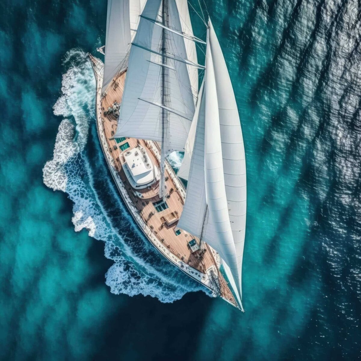 A bird's-eye view of a boat at full sail against a dark blue-green sea setting